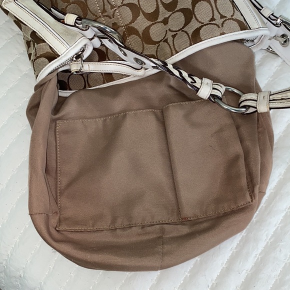 Coach Kristin Signature khaki fabric/white leather/nickel hobo shoulder bag. - Picture 12 of 16